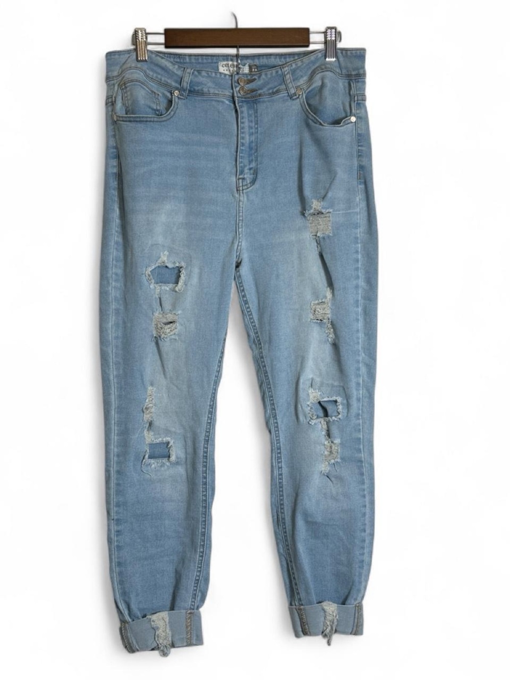 Distressed Light Blue Women's Ripped Jeans - Casual Mid-Rise Sz 16